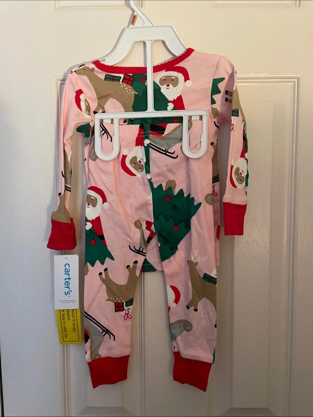 Carter's Pink Holiday Santa & Reindeer Pajama Set with Red Trim 12mon NWT